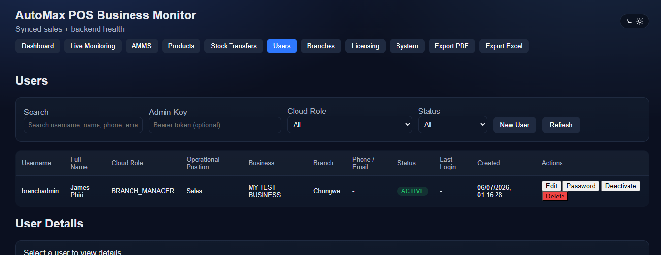 AutoMax POS access control dashboard